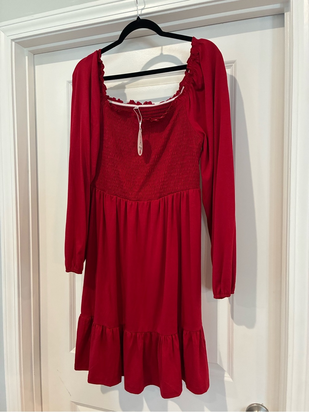 Red Long Sleeve Smocked Bodice Dress